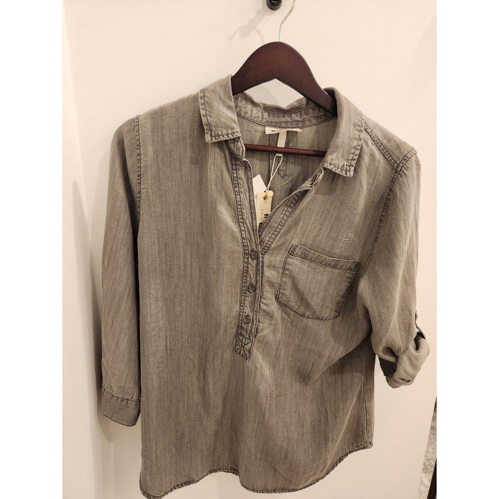 Hester Orchard Grey Tencel Henley Tunic Top Roll Tab Sleeve Small NEW‎